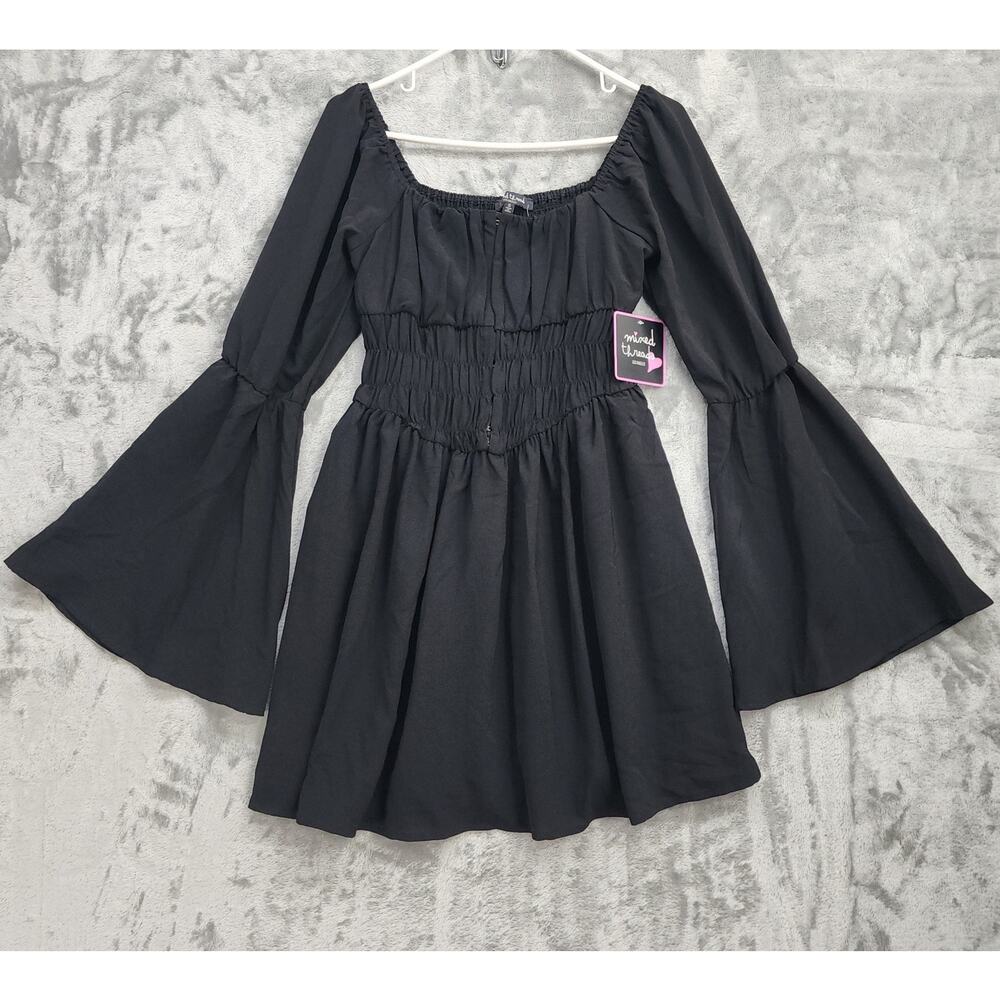 NEW Mixed Threads Dress Womens S Black‎ Smocked Mini Peasant Goth Bell Sleeves